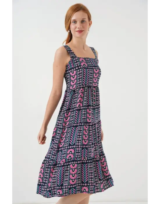 Desenli Askılı Midi Elbise 2577 - Lacivert