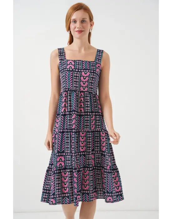 Desenli Askılı Midi Elbise 2577 - Lacivert