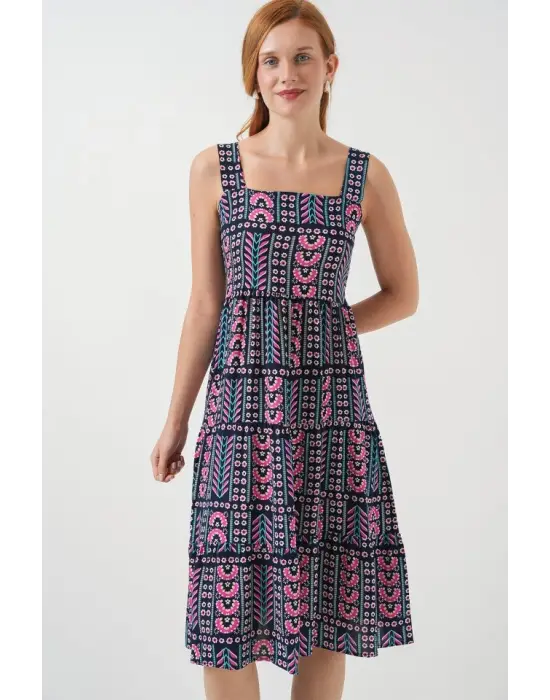 Desenli Askılı Midi Elbise 2577 - Lacivert