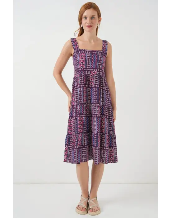 Desenli Askılı Midi Elbise 2577 - Mor