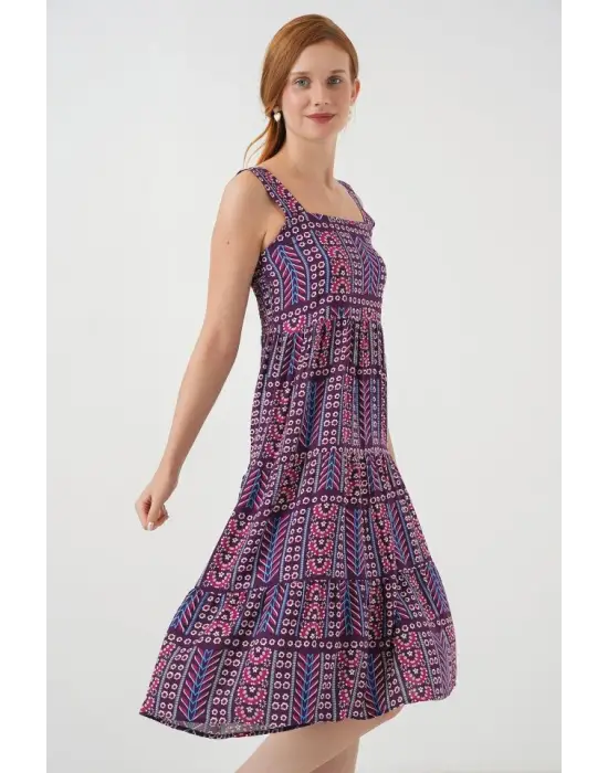 Desenli Askılı Midi Elbise 2577 - Mor