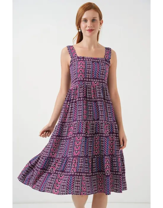 Desenli Askılı Midi Elbise 2577 - Mor
