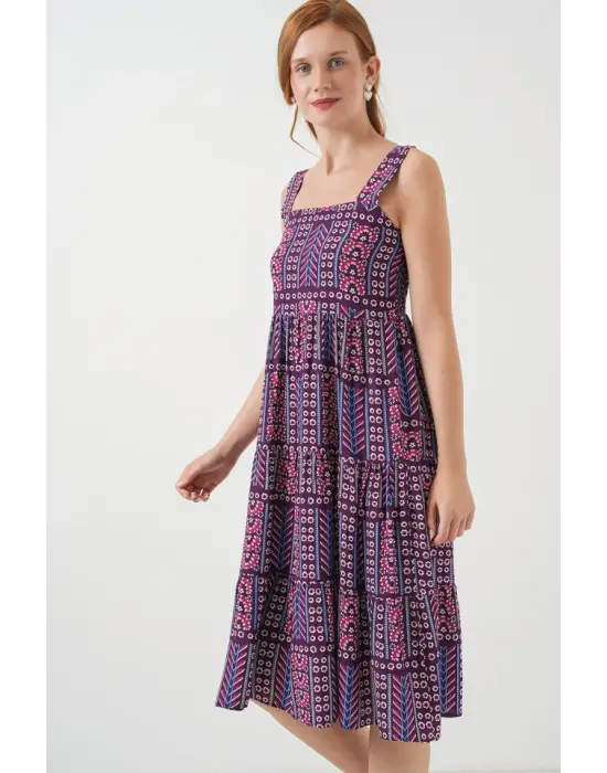 Desenli Askılı Midi Elbise 2577 - Mor
