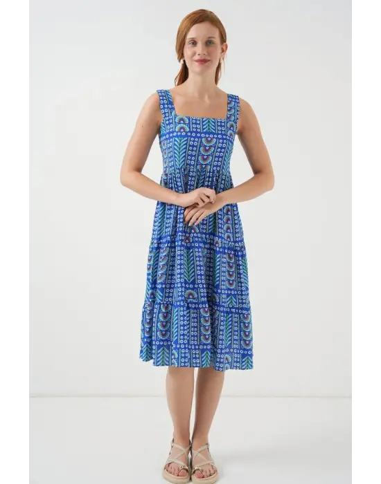 Desenli Askılı Midi Elbise 2577 - Saks