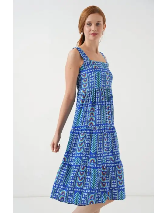 Desenli Askılı Midi Elbise 2577 - Saks