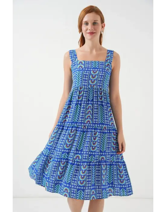 Desenli Askılı Midi Elbise 2577 - Saks