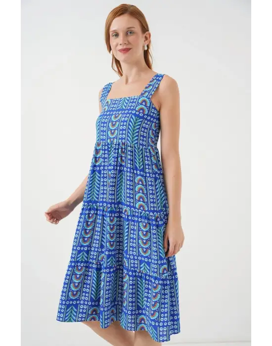 Desenli Askılı Midi Elbise 2577 - Saks