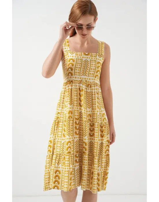 Desenli Askılı Midi Elbise 2577 - Sarı