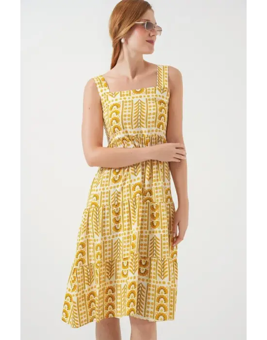 Desenli Askılı Midi Elbise 2577 - Sarı