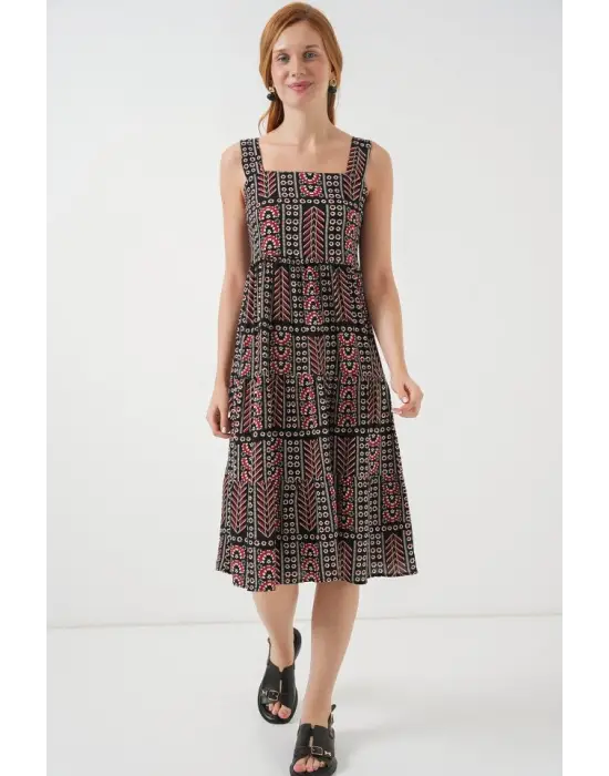 Desenli Askılı Midi Elbise 2577 - Siyah