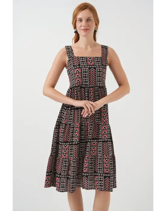 Desenli Askılı Midi Elbise 2577 - Siyah