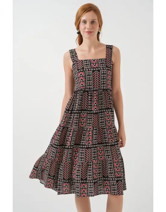 Desenli Askılı Midi Elbise 2577 - Siyah