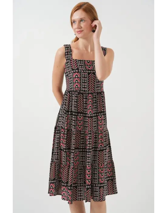 Desenli Askılı Midi Elbise 2577 - Siyah