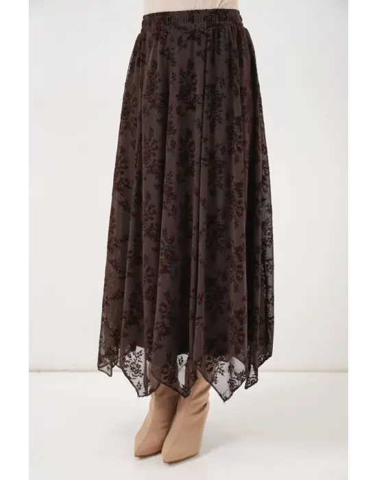 Desenli Astarlı Etek 8059 - Kahverengi