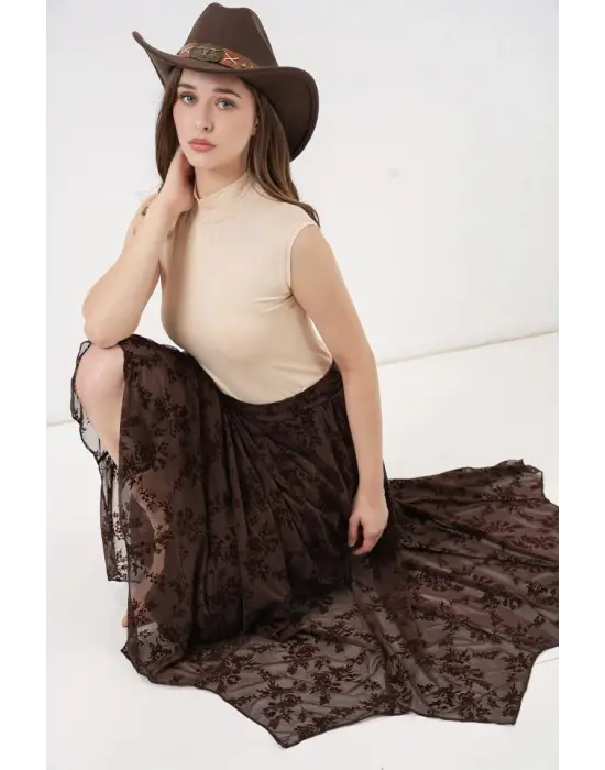 Desenli Astarlı Etek 8059 - Kahverengi