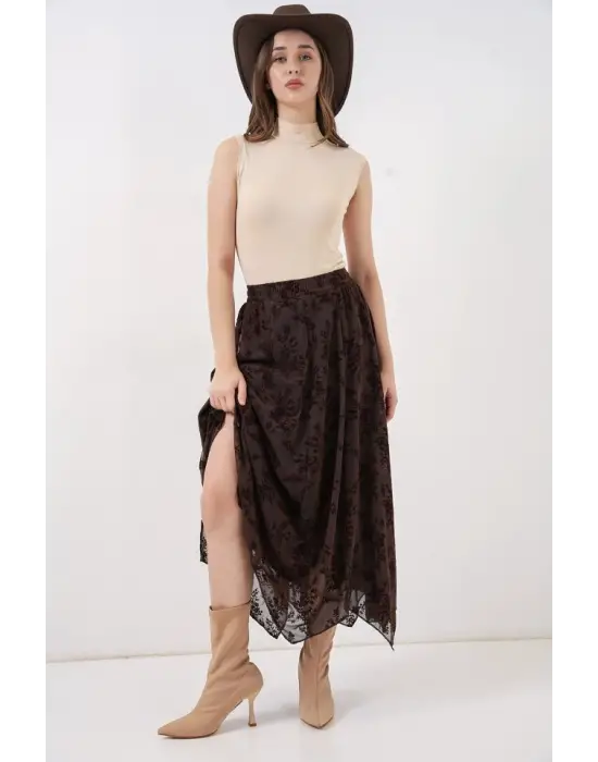 Çarpıcı Astarlı Etek - Kahverengi