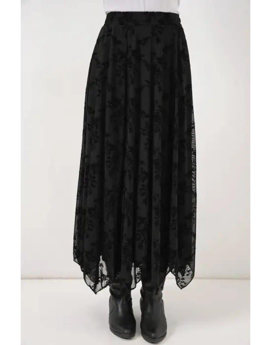 Desenli Astarlı Etek 8059 - Siyah