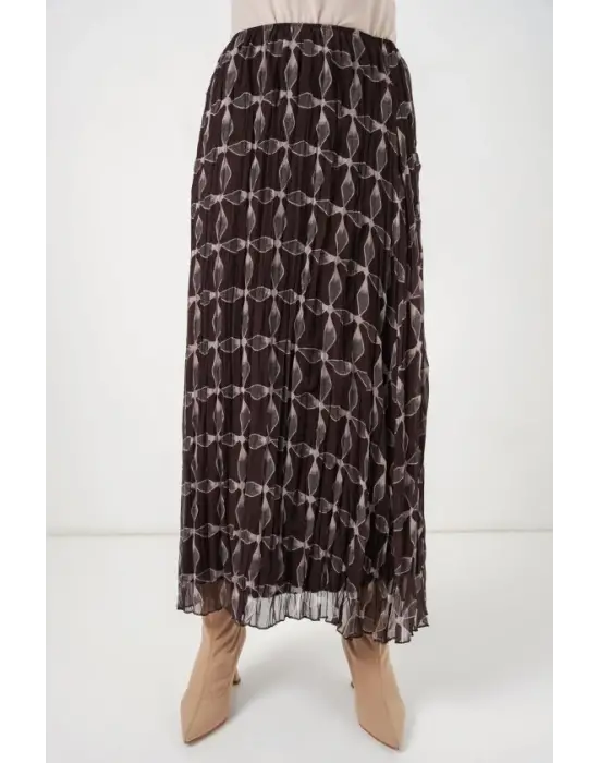 Desenli Astarlı Şifon Etek 8058 - Kahverengi