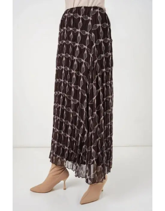 Desenli Astarlı Şifon Etek 8058 - Kahverengi