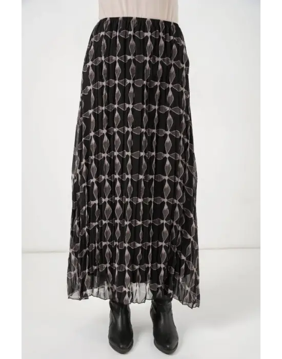 Desenli Astarlı Şifon Etek 8058 - Siyah