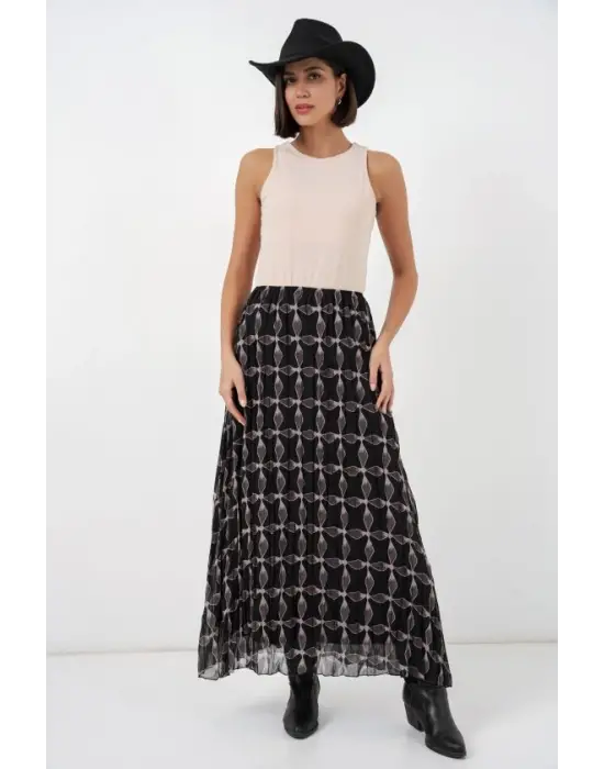 Desenli Astarlı Şifon Etek 8058 - Siyah