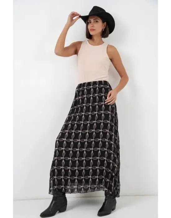 Desenli Astarlı Şifon Etek 8058 - Siyah