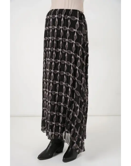Desenli Astarlı Şifon Etek 8058 - Siyah