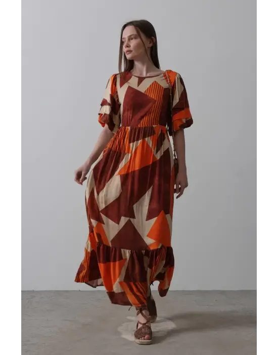 Omarı Desenli Kloş Elbise - Kahve