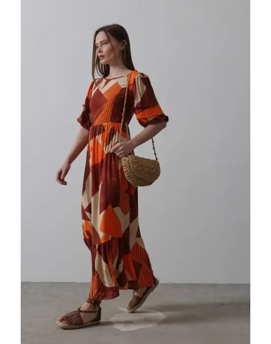 Desenli Balon Kol Kloş Elbise - Kahve