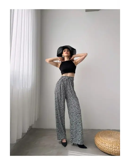 Omarı Modern Desenli Beli Lastikli Gri Pantolon