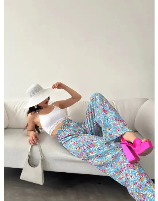 Omarı Desenli Beli Lastikli Pantolon - MAVİ