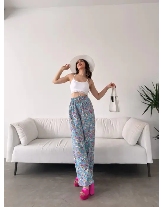 Omarı Desenli Beli Lastikli Pantolon - MAVİ