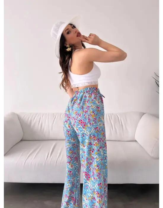 Omarı Desenli Beli Lastikli Pantolon - MAVİ