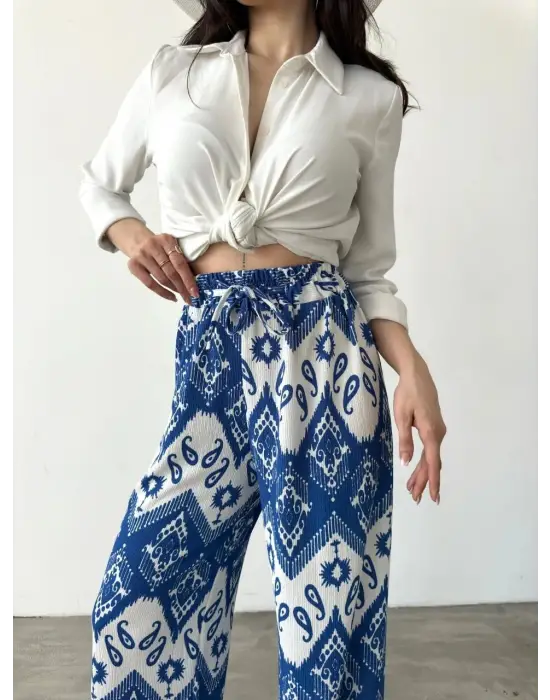 Omarı Desenli Beli Lastikli Pantolon - Mavi & Beyaz Örnek