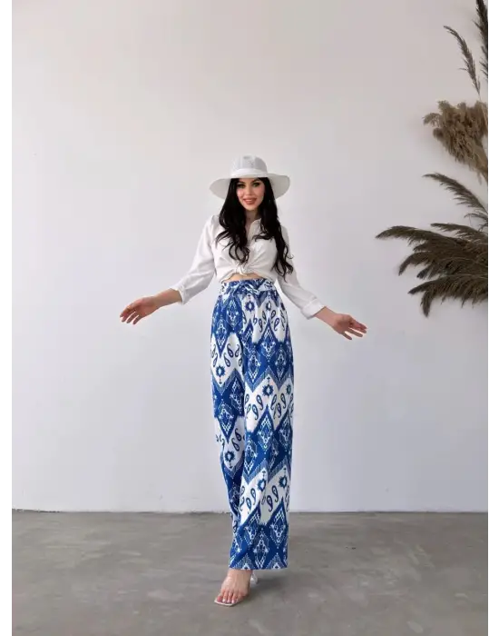 Omarı Desenli Beli Lastikli Pantolon - Mavi & Beyaz Örnek