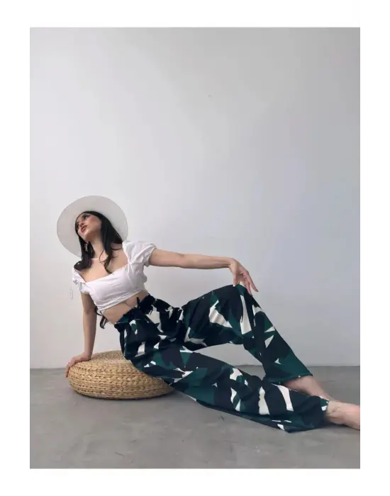 Omarı Desenli Beli Lastikli Bürümcük Pantolon renk seçenekleriyle