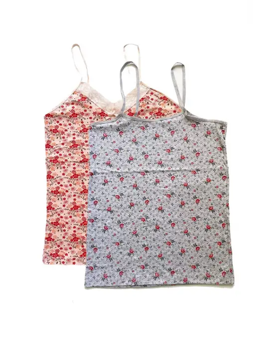 Omarı Desenli Dantelli Kadın Askılı Pamuklu Atlet Seti