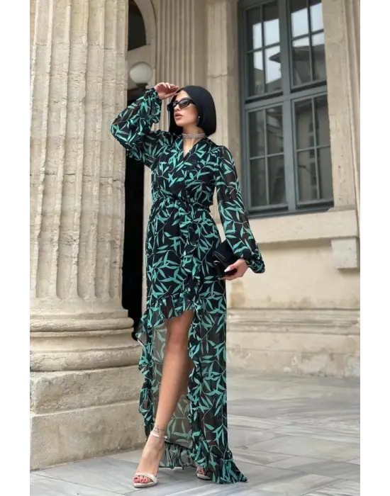 Omarı Desenli Fırfırlı Elbise Modelleri