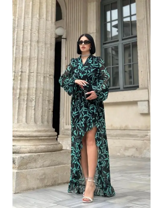 Omarı Desenli Fırfırlı Elbise Modelleri