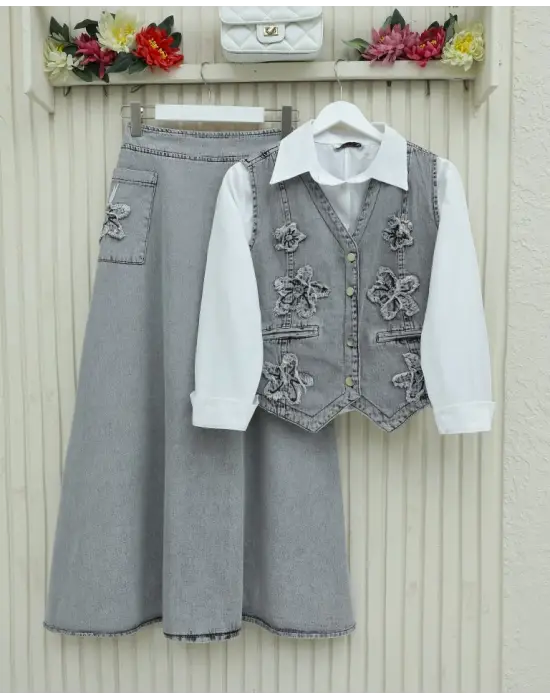 Desenli Etek Beli Lastikli Yelek Etek Kot Takım   -Gri