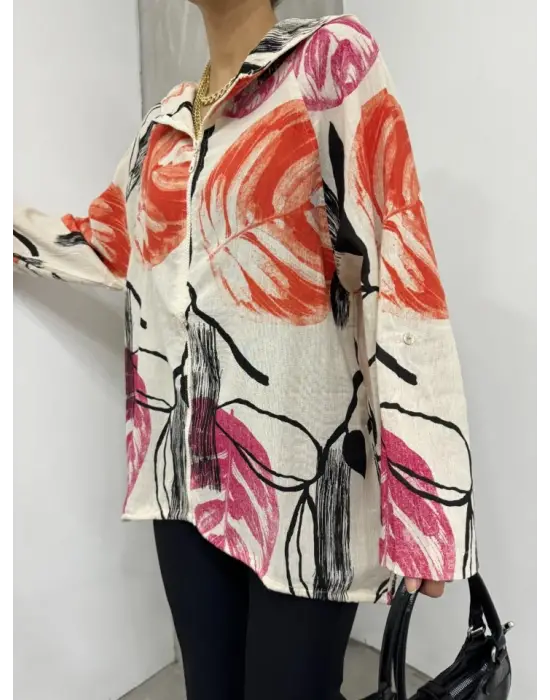 Desenli Fermuarlı Sabit Kapşonlu Keten Ceket -Turuncu