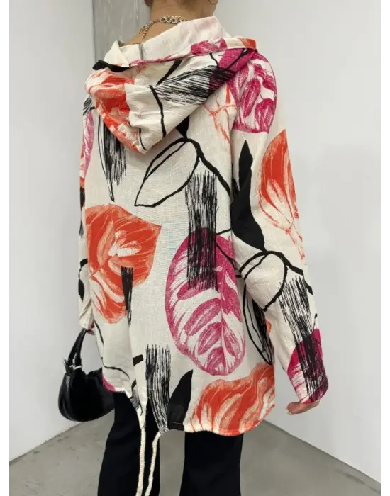 Desenli Fermuarlı Sabit Kapşonlu Keten Ceket -Turuncu