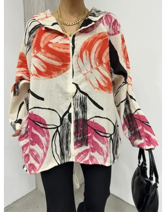 Desenli Fermuarlı Sabit Kapşonlu Keten Ceket -Turuncu