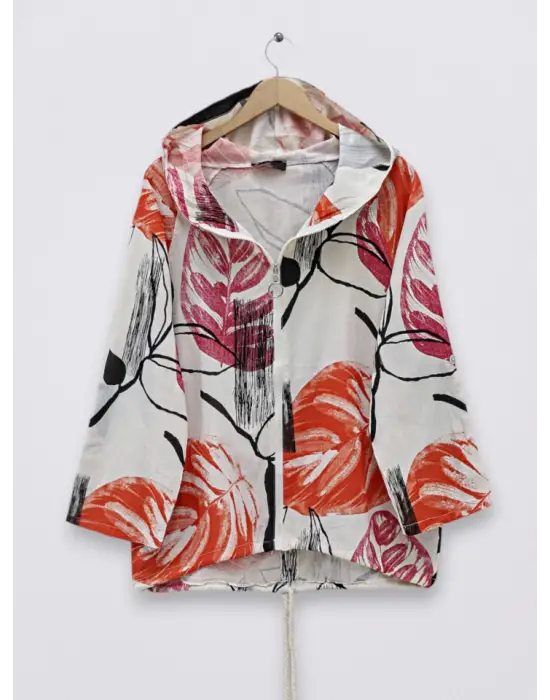 Omarı Turuncu Desenli Keten Ceket