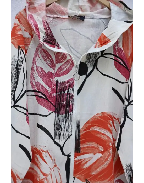 Omarı Turuncu Desenli Keten Ceket