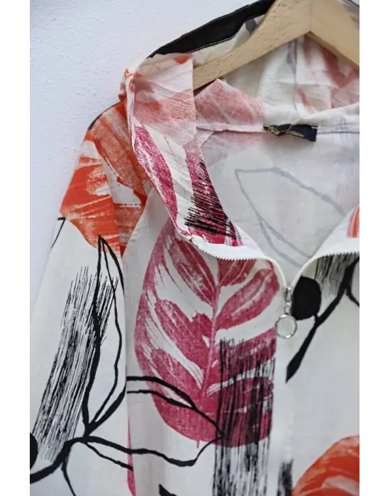 Omarı Turuncu Desenli Keten Ceket