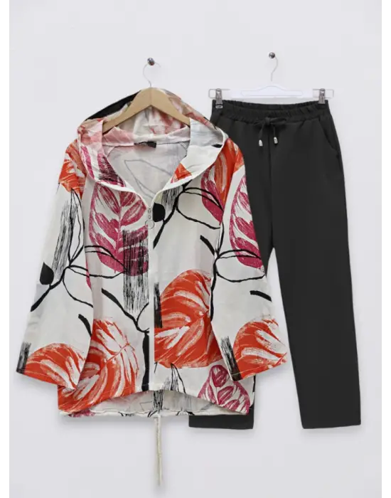 Desenli Fermuarlı Sabit Kapşonlu Keten Ceket -Turuncu