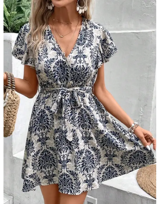 Omarı Zarif Desenli V Yakalı Elbise