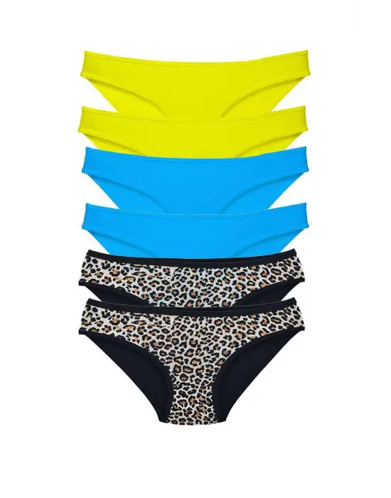 Omarı Yumuşak Likralı Leopar Desenli Kadın Slip Külot - Sarı Mavi