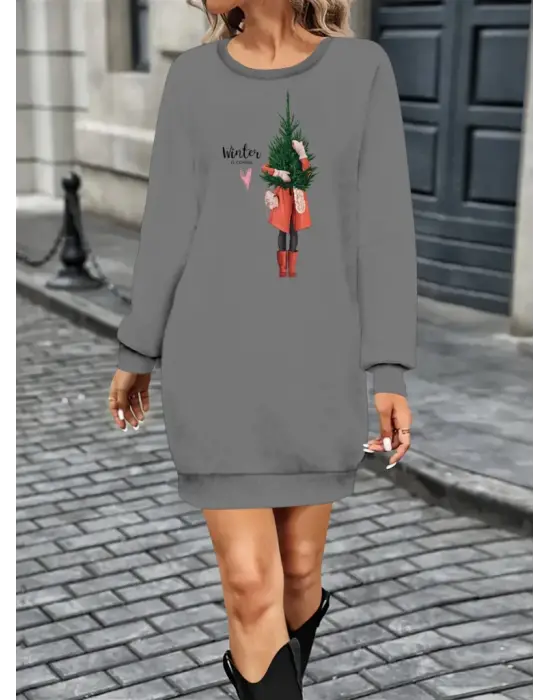 Omarı Desenli Viskon Kadın Elbise Uzun Kollu Bisiklet Yaka